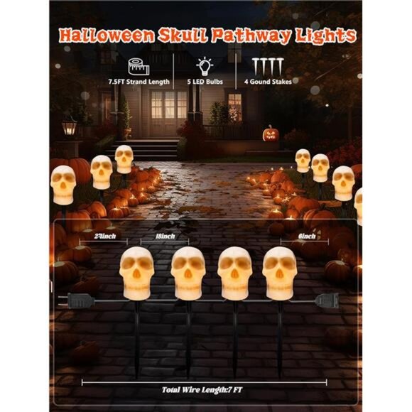 Halloween Pathway Lights Outdoor – Connectable Skull Lights Outdoor with LED C7 - Picture 2 of 8